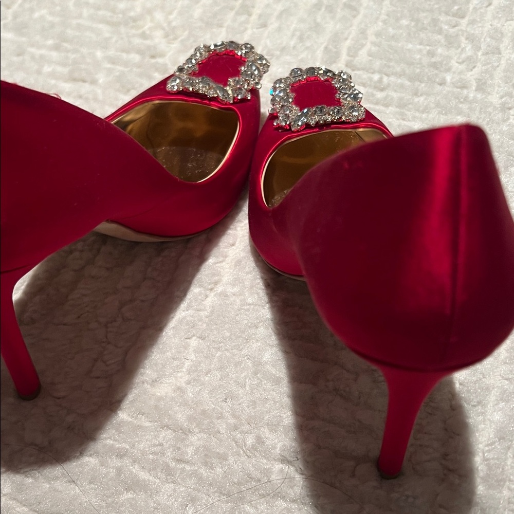 Badgley Mischka Red Satin Heels with Crystal Buckle - Picture 8 of 10